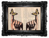 Hands and butterflies - ORIGINAL ARTWORK butterfly art print- Mixed Media -HAND Painted, print  book page