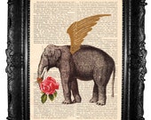 Elephant and red rose- ORIGINAL ARTWORK in Mixed Media, art print page book , Hand painted elehpant print