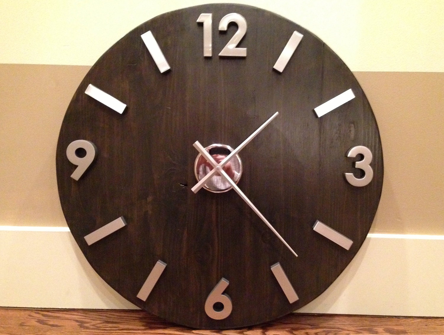 large industrial wood and metal wall clock with modern