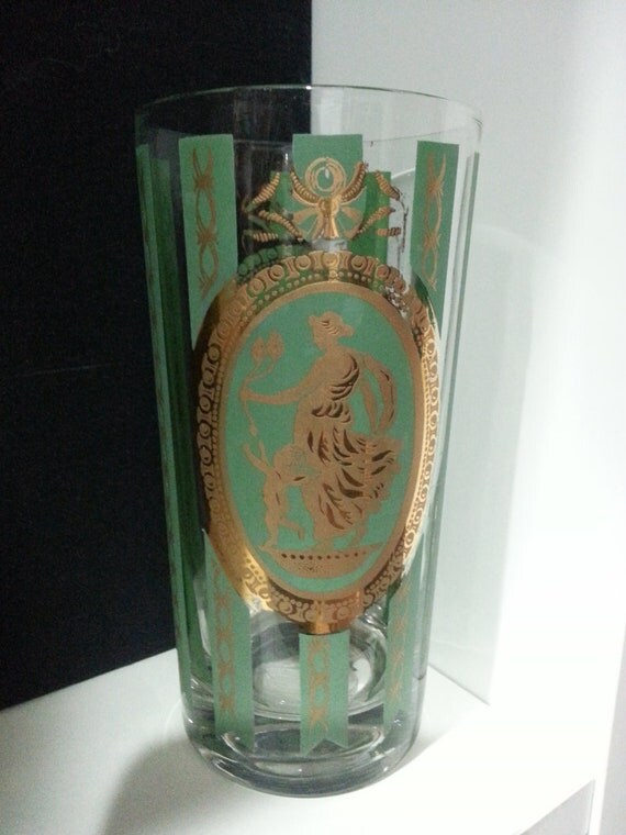 Set of 3 Green with Gold Trim Drinking Glasses Vintage IT171