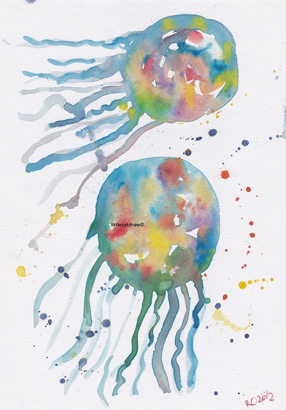 Items similar to Colorful Jellyfish Watercolor Painting Art Print