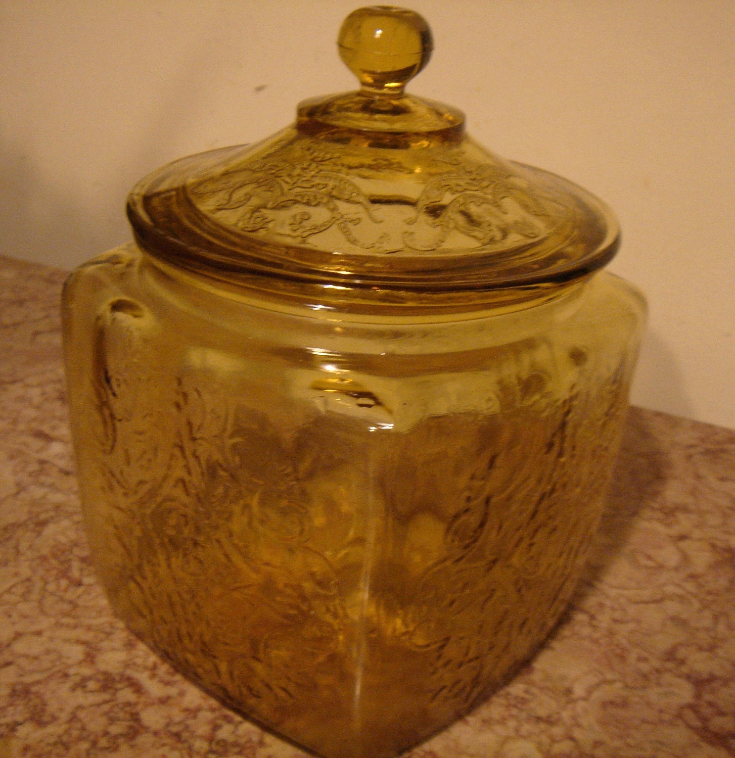 Vintage Cookie Jar Madrid Pattern Amber Depression Glass