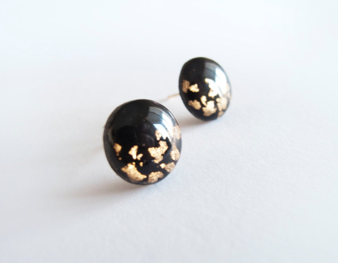 Black Gold Stud Earrings Polymer Clay and Resin by LaLiLaJewelry