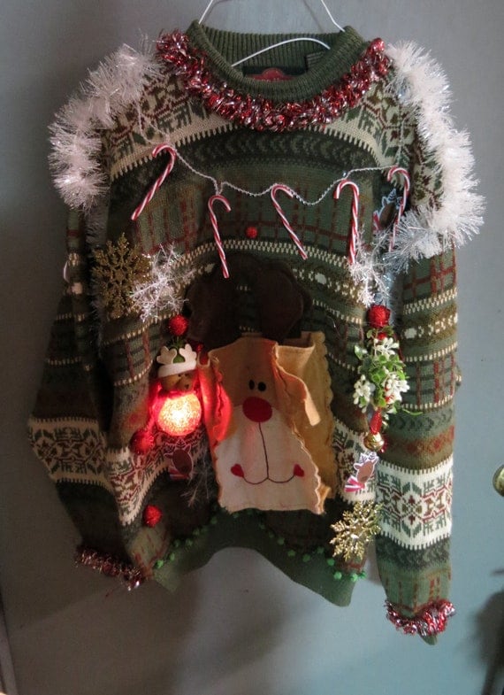 3-D Reindeer Tacky Ugly Christmas Sweater with Wild Garland