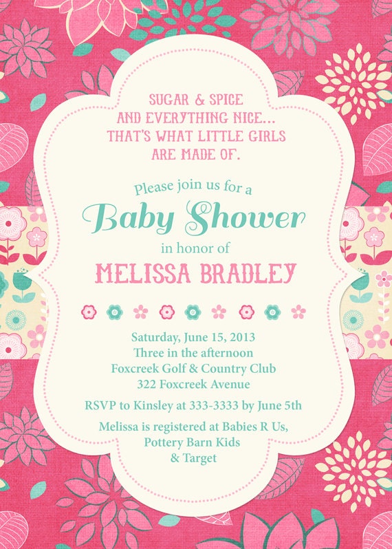 Pretty Bold Pink & Teal Floral Baby Shower Invitation - Printable Il_570xn