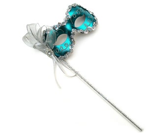 Angelina Teal Women's Masquerade Mask on a stick - B-0123T-S