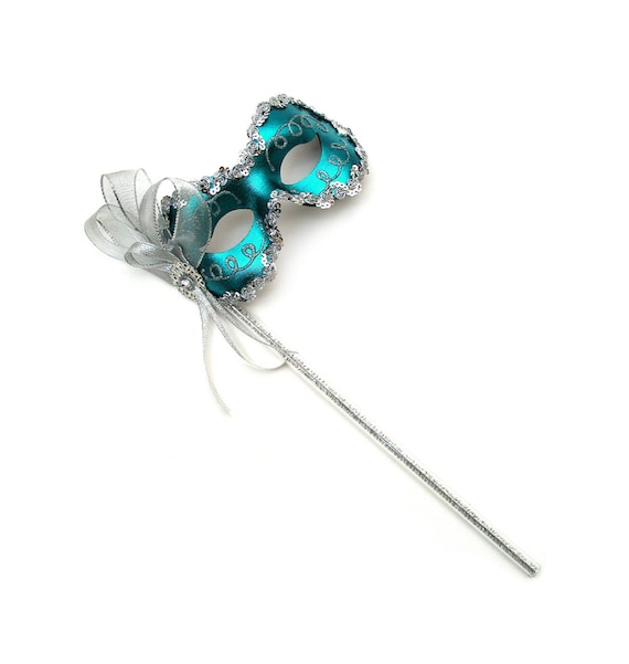 Angelina Teal Women's Masquerade Mask on a stick - B-0123