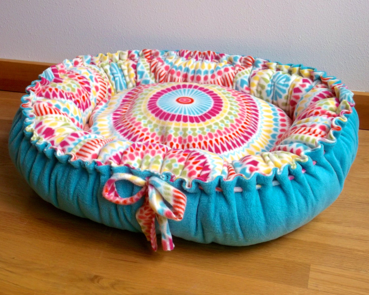 Fleece Dog Bed in Teal and MultiColor by handmadeheartcrafted