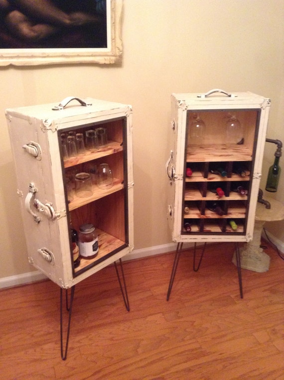 Upcycled trunks wine and liquor and bar. Wine