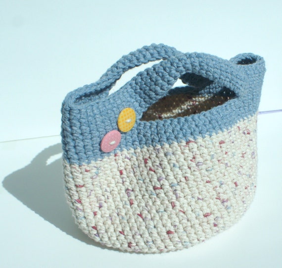 Items similar to Crochet Bag, Blue Pink Cotton Yarn, Handbag, Tote Bag