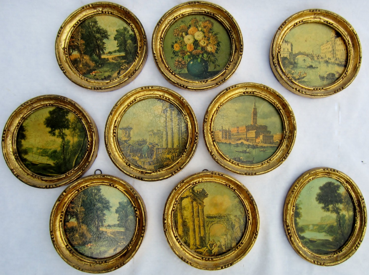 Set of 9 Small Round Gold Frames with Printed Scenes