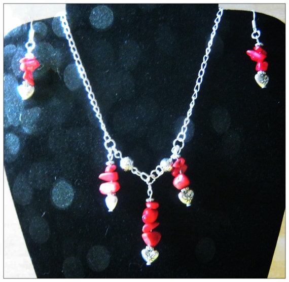 Handmade Silver Jewelry Set, Necklace & Earrings with Red Coral by IreneDesign2011