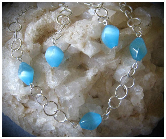 Silver Jewelry Set, Necklace & Earrings with Blue Shaped Cat Eye by IreneDesign2011