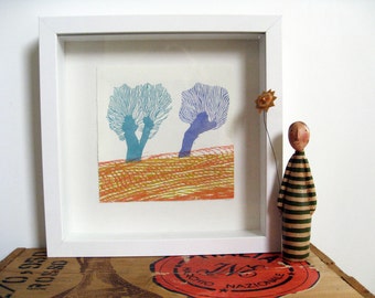 CHILDREN WALL ART - Holland Landscape 13 - Monoprint - Relief Woodblock Print 6" x 6" - Ready to Ship