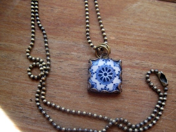 Mexican Talavera Tile design pendant and chain Blue and