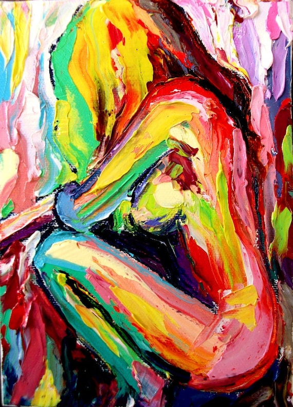 Nude painting abstract figure impasto oil art by Aja 8x10