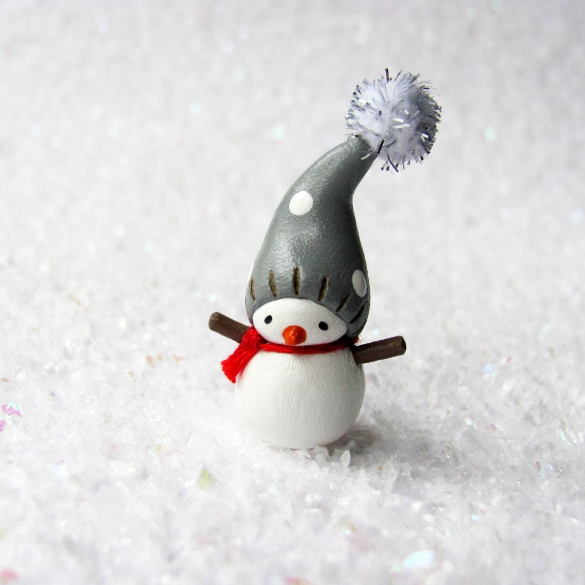 Miniature Snowman Figurine in Grey Hat Handmade Clay