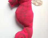 Seahorse Pillow- Hannah - Linocut Seahorse on Fabric, Stuffed Animal, Cushion, Lino Block Printed Fabric Seahorse