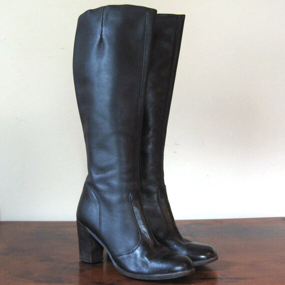 70s Black Boots Vintage Knee High Leather Stacked Heel Tall
