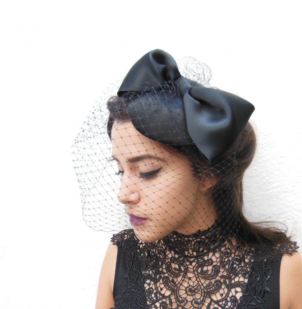 Black Birdcage Veil Giant Bow Women's Hat Black