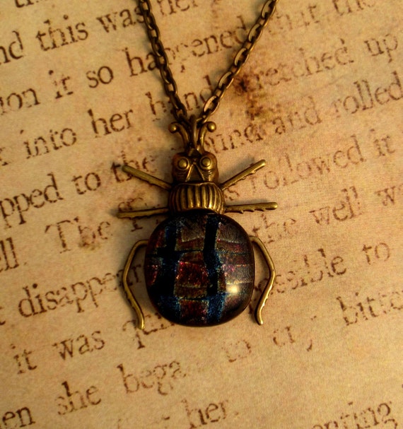 Items similar to Fused Glass Firefly Plaid Necklace Antique Brass on Etsy