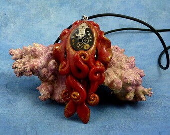 Gilded Steampunk Cuttlefish Necklace, Polymer Clay Sea Life Jewelry