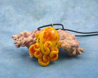 Solar Flare Octopus Necklace, Bright Yellow Polymer Clay Cephalopod Jewelry