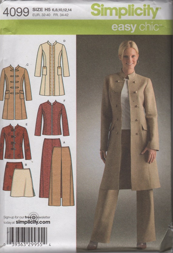 Simplicity 4099 Misses Mandarin Collar Coat Jacket Skirt and