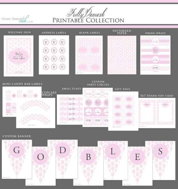 FRILLY DAMASK Printable Party Decor Package - Girl Il_570xn