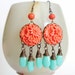 RESERVED Carved Floral Glass Chandelier Earrings Japanese Stones Orange Aqua Flower