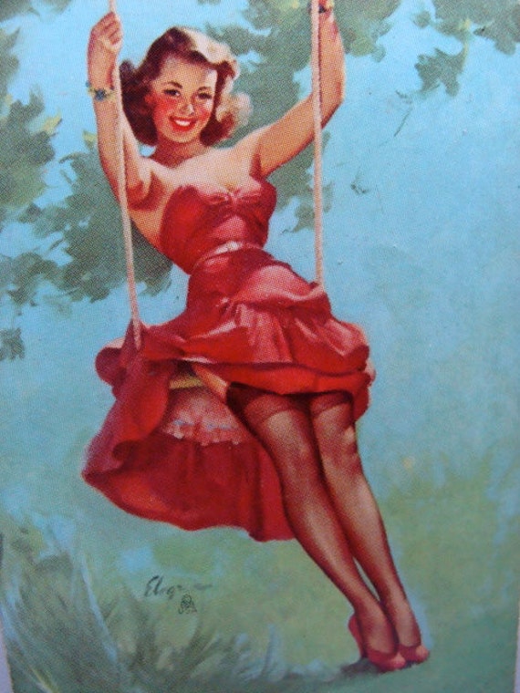 Vintage Swinging Pin Up Lady in Red Dress Antique Cards
