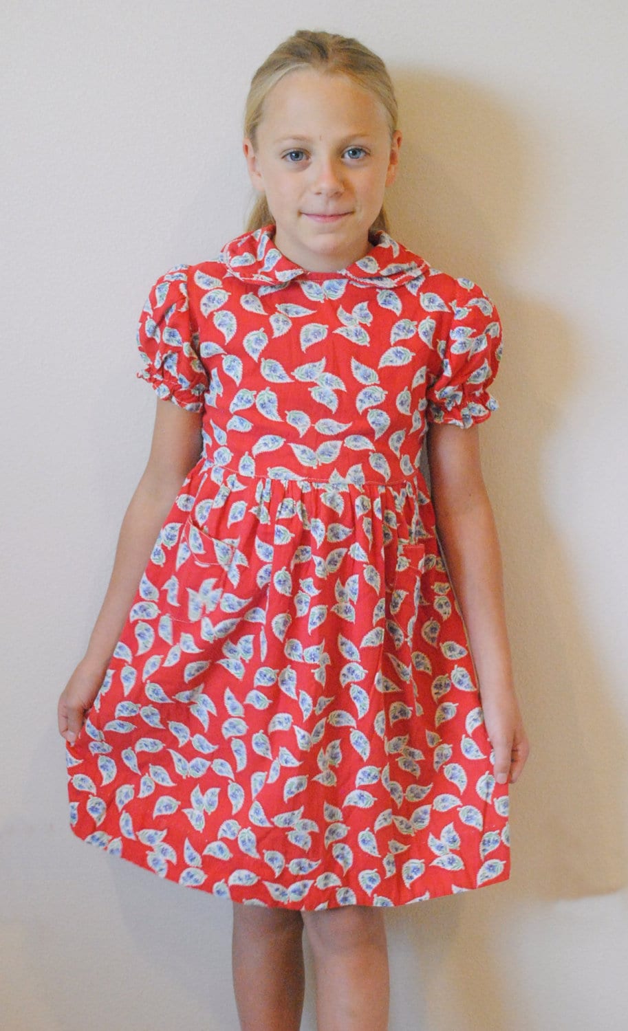 Vintage 1940's Little Girl Dress Red Paisley Blue