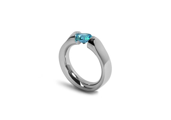 Blue Topaz Tension Set Ring Stainless Steel