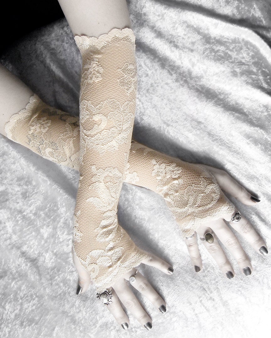 Mabon Extra Long Lace Arm Warmers Nude Golden Wheat Ochre