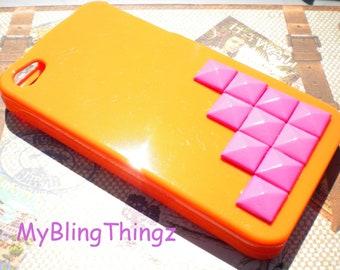 Bright Hot Pink Pyramid Studs on Tangerine Orange 2 piece Case Cover for Apple iPhone 4 4G 4S AT&T Verizon Sprint