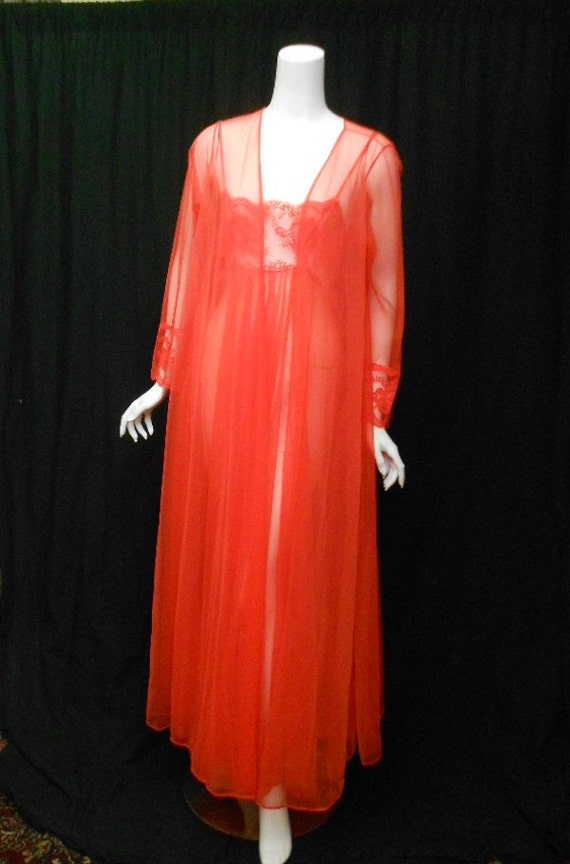 Vintage 1960s 1970s Red Peignoir Set Sheer Chiffon Nightgown 1861