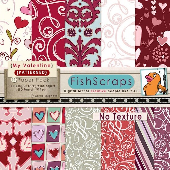 50% Sale - Damask Digital Paper - No Texture - Hearts - Love - Scrapbooking Background Papers - Valentine - Romance - Pink - Purple - Blue Il_570xn
