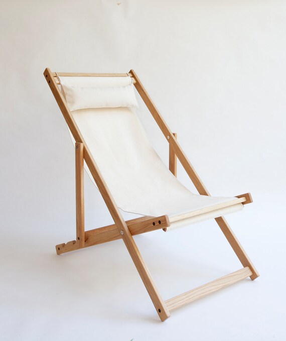 SALE White oak deck chair with natural cotton sling