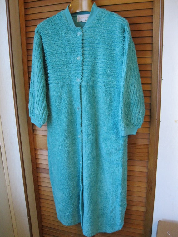 Vintage Chenille Robe Herbcraft Green Button Front Ladies