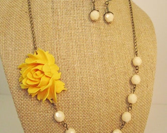 Mustard Yellow Statement Flower Necklace with Ivory Beads and Matching Earrings Yellow Necklace Yellow Jewelry