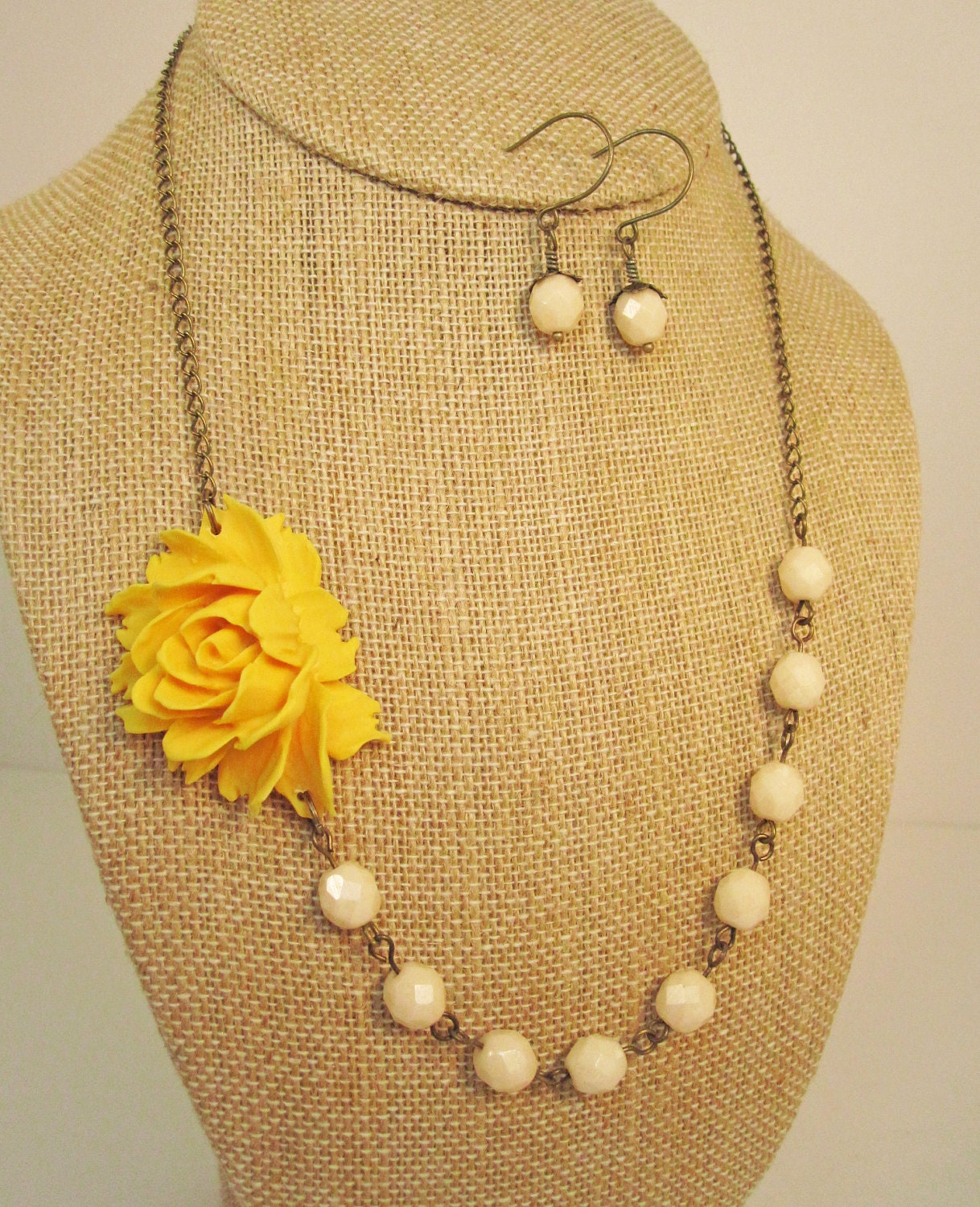 Mustard Yellow Statement Flower Necklace with Ivory Beads and
