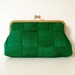Clover green evening bag in gold frame, woven silk formal clutch purse