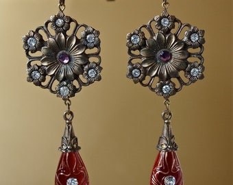 Earrings Red Art Nouveau Red Czech Art Glass and Rhinestone Long Drop Gypsy Signed