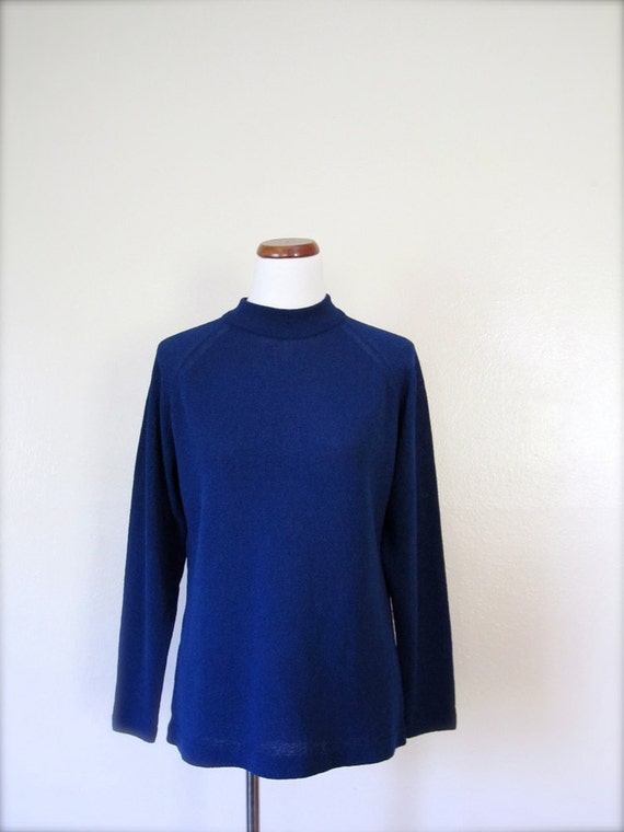 Vintage Shirt / 60's Navy Blue Mock Turtleneck / Large