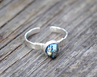 Peacock Druzy Ring, Sterling Silver Titanium Peacock Druzy Stacking Ring, Wire Wrapped Druzy Nugget