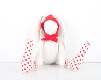 Eco friendly doll - SMALL plush bunny rabbit doll - white rabbit in red Hood hat Wearing Polka Dots socks - handmade fabric stuffed toy