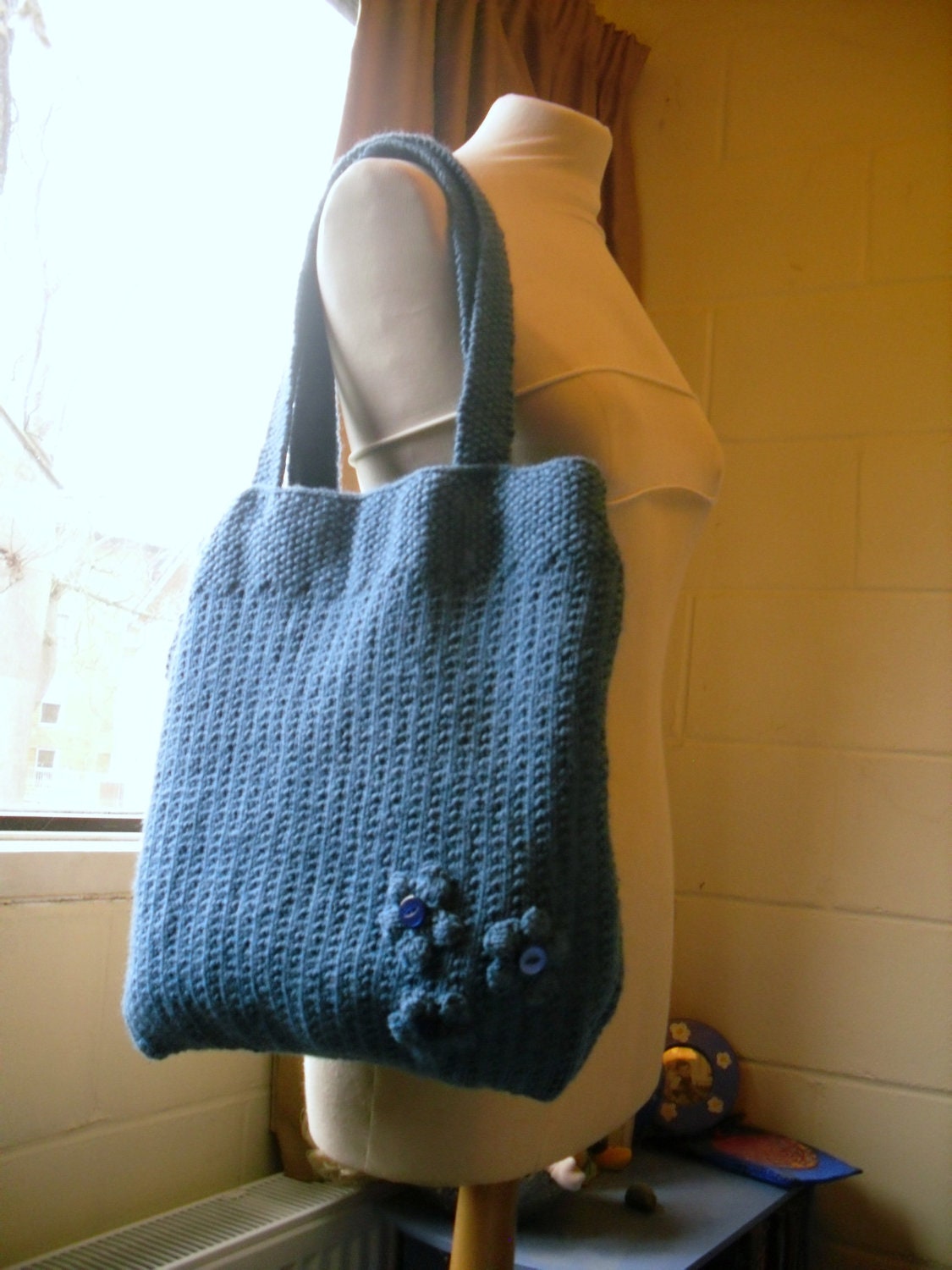 Hand Knitted Bag Knitted Tote Blue Knitted Handbag