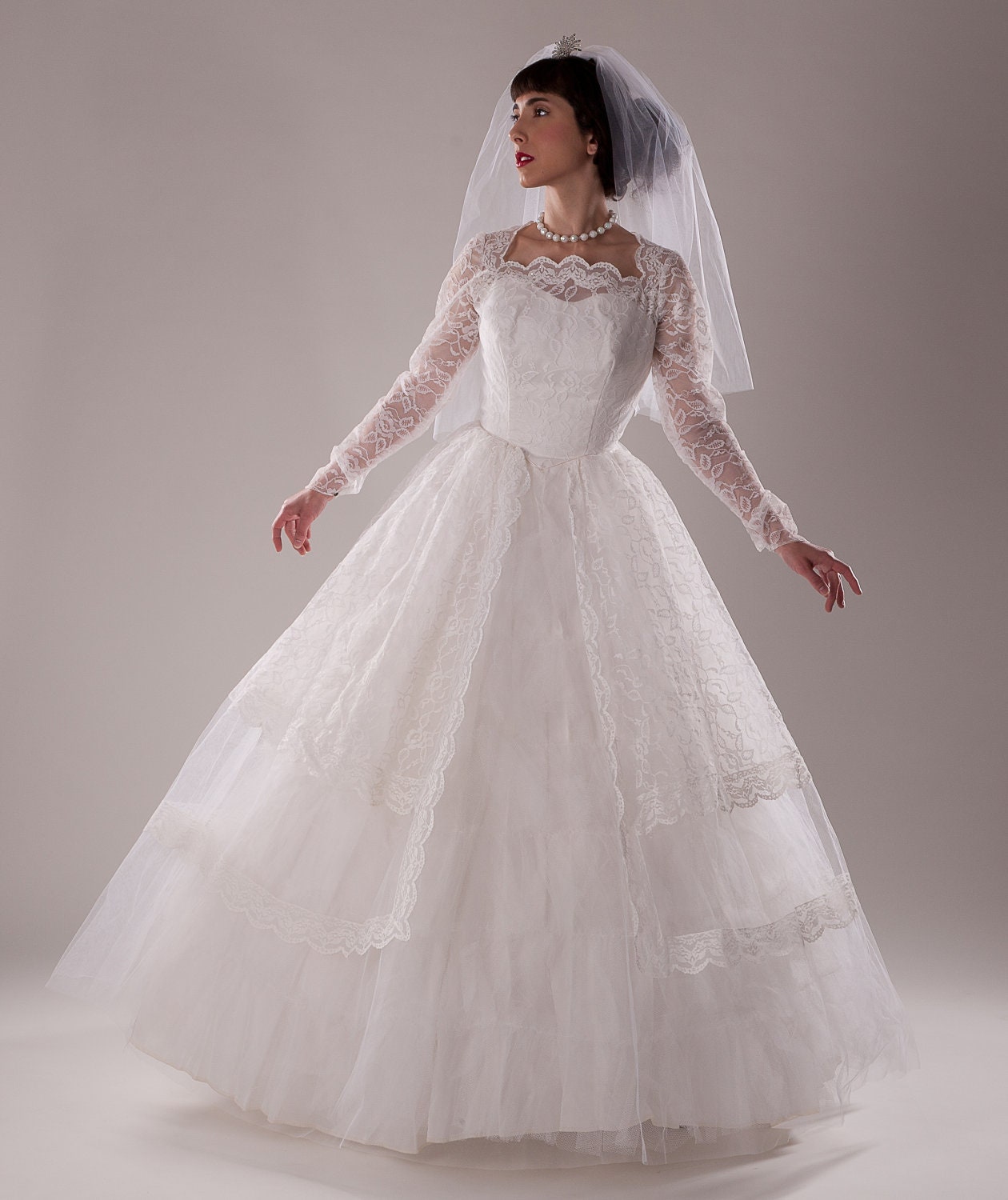 Vintage 1960s Tulle Wedding Dress Lace Peplum Sleeves