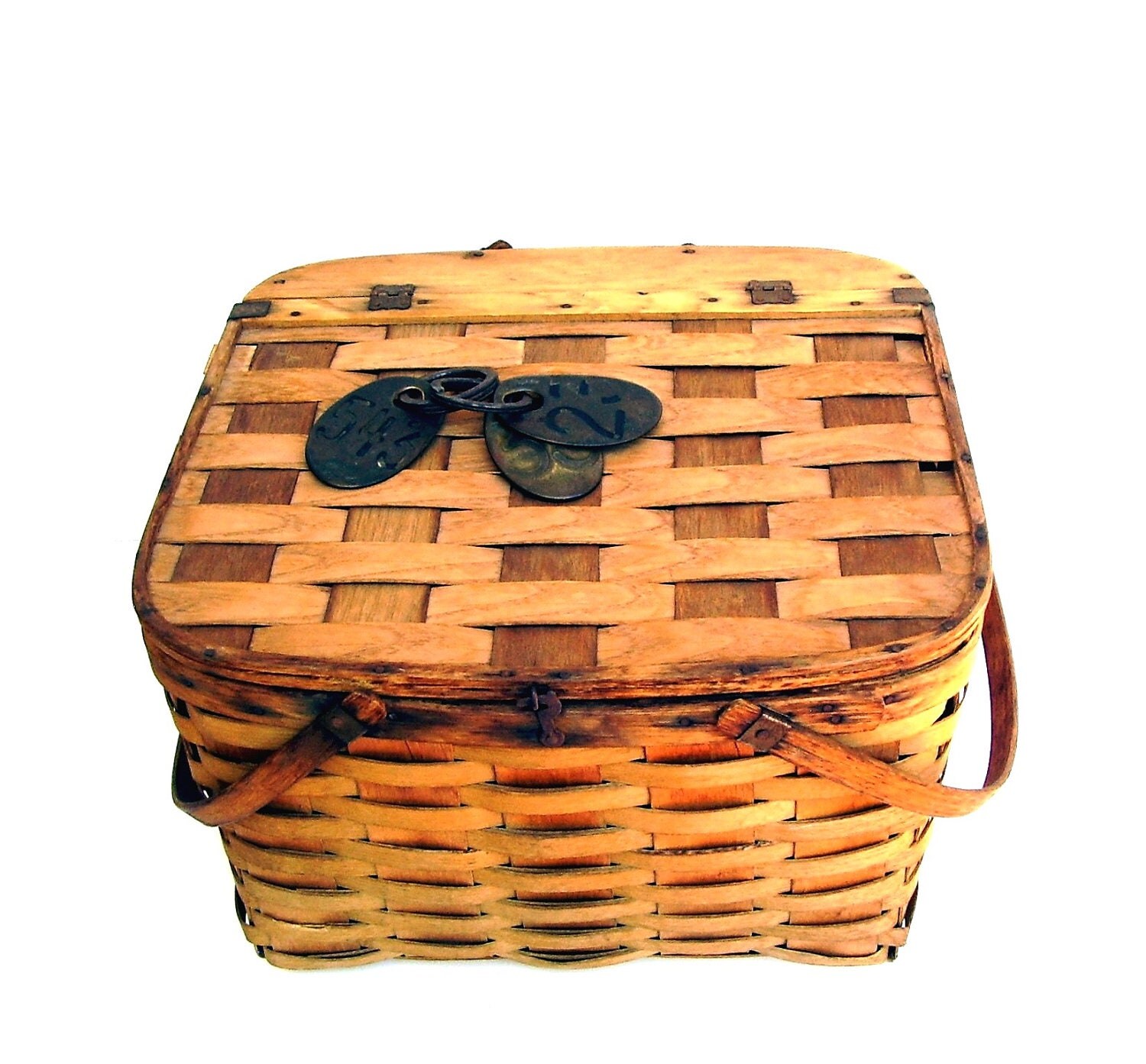 Vintage Picnic Basket Oak Splints Antique Pie Grate 1930s Pie