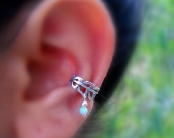 Sterling Silver Ear Cuff - Feather - Blue Opal Ear Cuff - Non Pierced - Conch Cuff